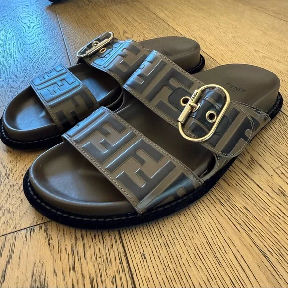 Fendi Zucca FF logo brown Slide Sandals with Buckle - Picture 9 of 10